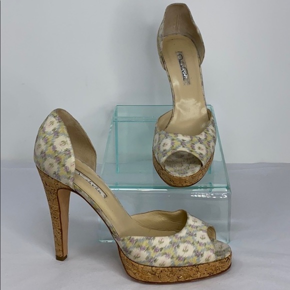 Oscar de la Renta Sz 39 Peep Toe Cork Heel D'orsay - Picture 3 of 12